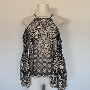 Venus black lace bell sleeve cold shoulder top-nude lining-4